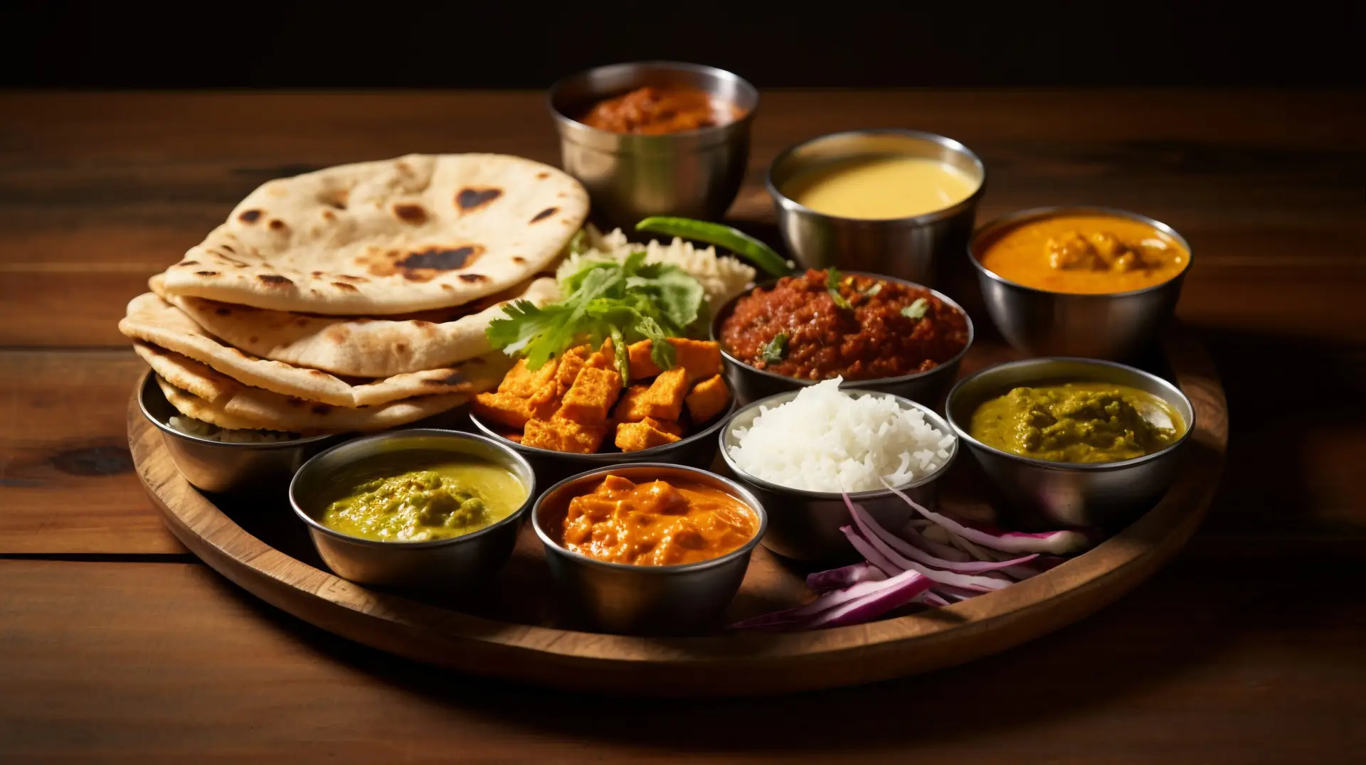 Indian thali with curries, rice, paneer, and flatbreads